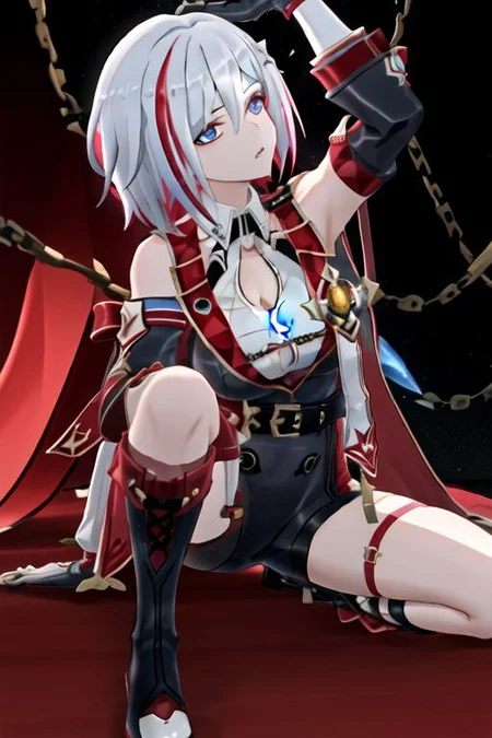 topaz \(honkai: star rail\), black gloves, thigh strap, knee boots, hair ornament, unitard, detached sleeves, badge, side cape, sleeveless shirt, belt