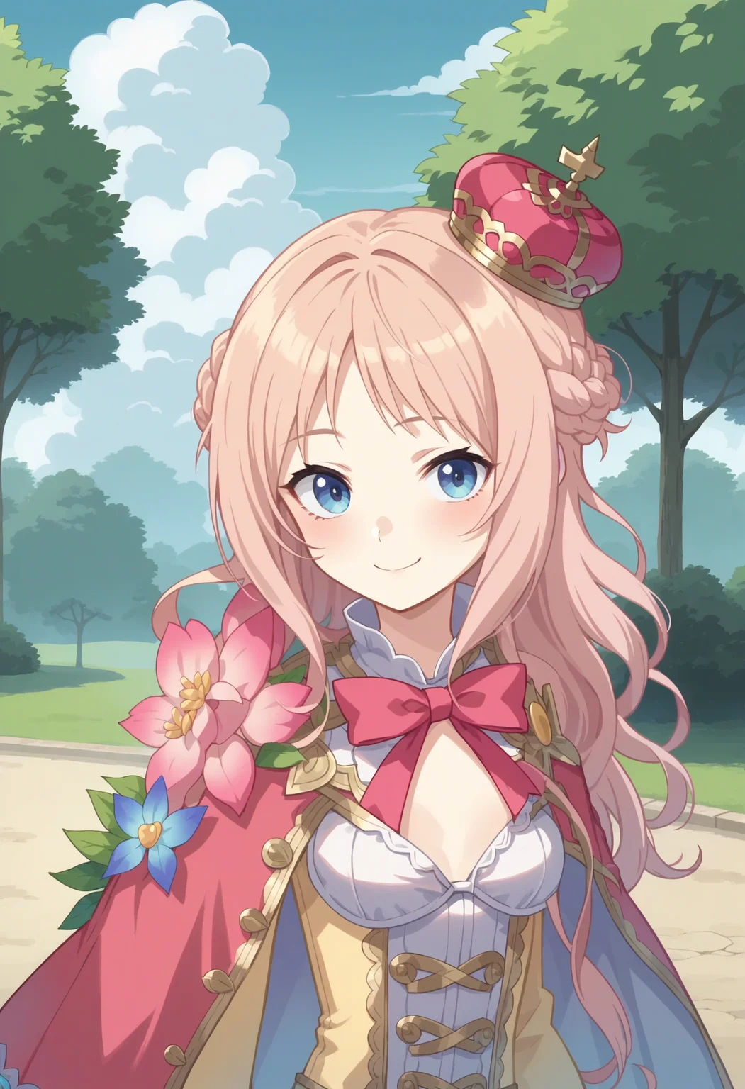 score_9, score_8_up, score_7_up, score_6_up, score_5_up, score_4_up , anime coloring ,BREAK source_anime, anime,screencap,
1girl, solo, meruruarls, dress, bowtie,cape, mini crown, <lora:PonyXL Merurulince Rede Arls:1>
outdoors, park, upper body,
smile, looking at viewer,