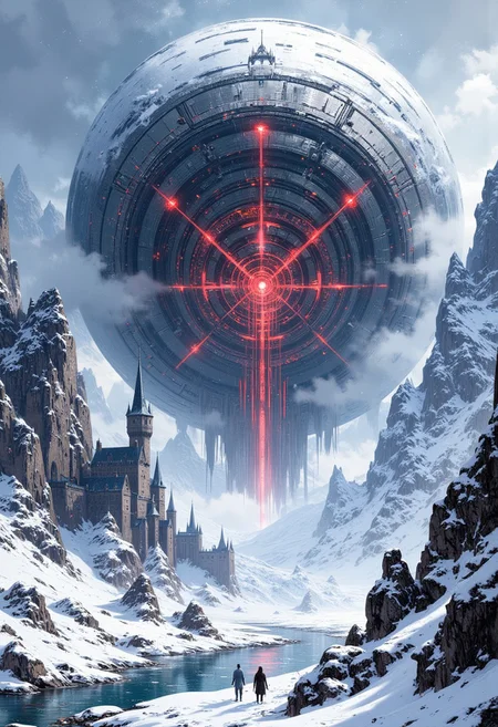 mythp0rt, ArsMJStyle, impressionism, morph of scifi and medieval smooth and sharp, ultra realistic ominous and dark, deep shadows , castle in the snowy wasteland, frozen river nearby, huge snowy mountaintops, huge core-like generator spherical radiates red energy, pale white skies clear, slight mist over the scene, wires and pipes coming out of the core structure, black moon, frozen lake, mountains are square shaped and abstract, snow desolate space, snowflakes close to the camera, white lines in the sky, scene is white blue with touches of dark black, desolate, intricate and detailed, trending on artstation.