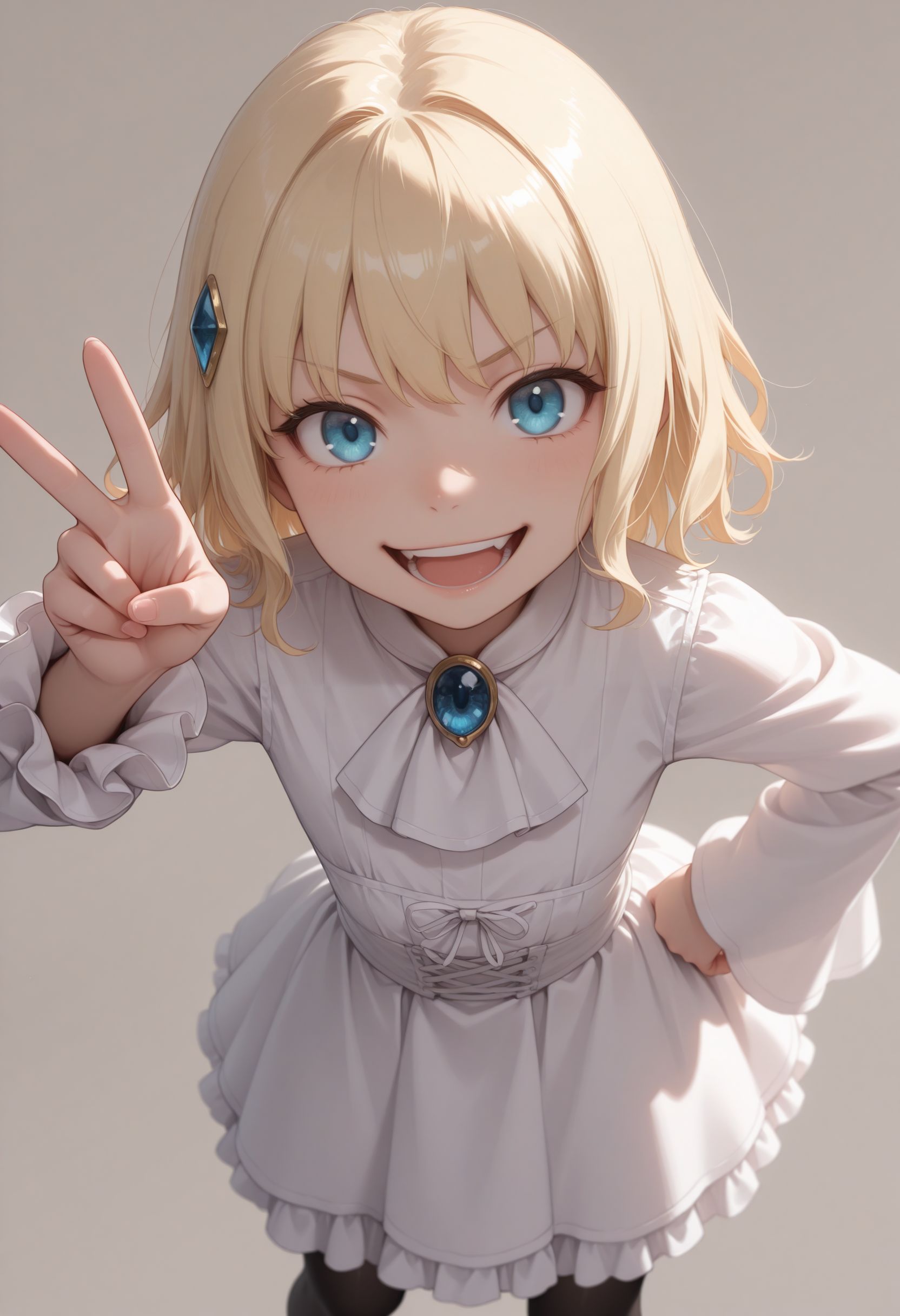masterpiece,best quality,absurdres,highres,very aesthetic,high quality,detailed,insanely detailed,beautiful,perfect lighting, looking at viewer, 
smile, solo, close portrait, simple background, smile, solo, hand on hips, v Sign, open mouth
<lora:Leivinia Birdway illu:1> 1girl, blonde hair, blue eyes, short hair, white dress, ascot, frills, hair ornament, black pantyhose, long sleeves