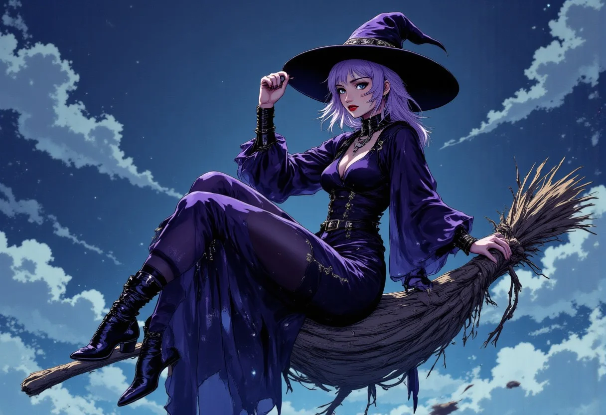 full body woman sitting on a horizontal flying broom shrouded in witch's costume. Atop her head sits a triangular witch hat, tall and imposing with a wide brim that casts mysterious shadows across her face. The hat is midnight black with subtle purple shimmer woven into the fabric, adorned with a tarnished silver buckle and wispy dark feathers along its base.
A fitted bodice of deep violet velvet hugs her torso, laced tightly with black satin ribbons that criss-cross down her front. The sleeves billow dramatically from shoulder to wrist, where they taper to pointed cuffs embellished with intricate silver embroidery depicting arcane symbols. Her floor-length skirt flows in layers of tattered black silk and sheer mesh, revealing glimpses of striped stockings and knee-high boots with pointed toes and silver buckles. bending her knee. Around her shoulders drapes a frayed cape that appears to move with a life of its own, its edges dissolving into wisps of shadow. Her neck is adorned with multiple silver necklaces bearing strange pendants and crystals. Most striking is her face – undeniably beautiful with high cheekbones, porcelain skin, and mesmerizing eyes that seem to shift between emerald and violet. Yet her beauty is twisted by an unsettling smile that stretches too wide across her face, in a grimace of sadistic pleasure. Her cold eyes only calculated malice and a predatory glint that suggests she's enjoying thoughts no sane person would entertain.anime,