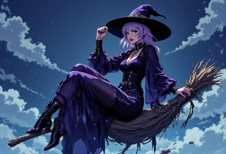 full body woman sitting on a horizontal flying broom shrouded in witch's costume. Atop her head sits a triangular witch hat, tall and imposing with a wide brim that casts mysterious shadows across her face. The hat is midnight black with subtle purple shimmer woven into the fabric, adorned with a tarnished silver buckle and wispy dark feathers along its base.
A fitted bodice of deep violet velvet hugs her torso, laced tightly with black satin ribbons that criss-cross down her front. The sleeves billow dramatically from shoulder to wrist, where they taper to pointed cuffs embellished with intricate silver embroidery depicting arcane symbols. Her floor-length skirt flows in layers of tattered black silk and sheer mesh, revealing glimpses of striped stockings and knee-high boots with pointed toes and silver buckles. bending her knee. Around her shoulders drapes a frayed cape that appears to move with a life of its own, its edges dissolving into wisps of shadow. Her neck is adorned with multiple silver necklaces bearing strange pendants and crystals. Most striking is her face – undeniably beautiful with high cheekbones, porcelain skin, and mesmerizing eyes that seem to shift between emerald and violet. Yet her beauty is twisted by an unsettling smile that stretches too wide across her face, in a grimace of sadistic pleasure. Her cold eyes only calculated malice and a predatory glint that suggests she's enjoying thoughts no sane person would entertain.anime,