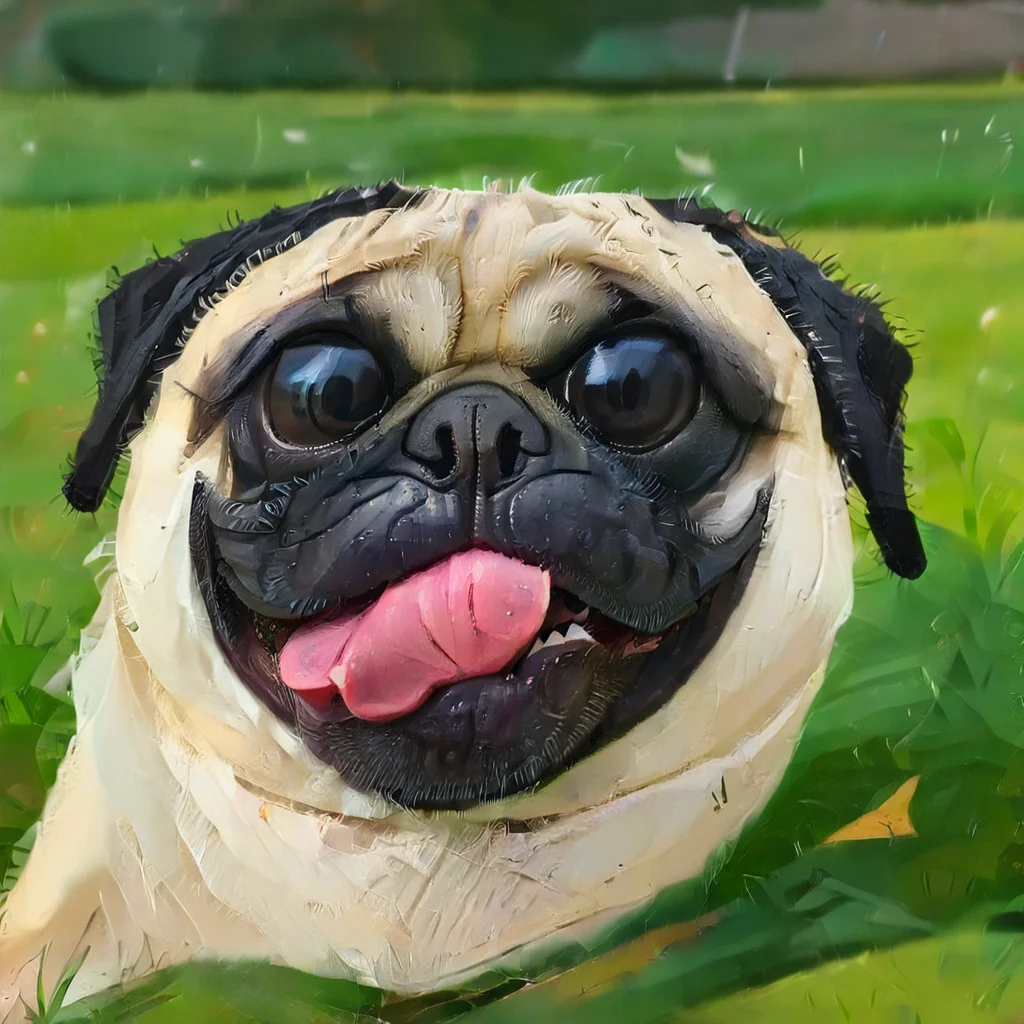 a funny white and black pug, tongue out, laying in the grass, big eyes caricature, albeniz rodriguez style <lora:albeniz-rodriguez-style:0.9>