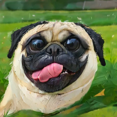 a funny white and black pug, tongue out, laying in the grass, big eyes caricature, albeniz rodriguez style <lora:albeniz-rodriguez-style:0.9>