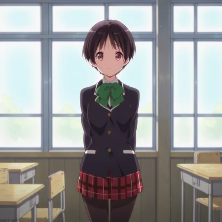 masterpiece, best quality, amazing quality, 1girl, solo, love_chunibyo_other_delusions_kumin_tsuyuri, standing, school uniform, smile, short hair, red eyes, black hair, plaid, plaid skirt, jacket, blazer, day, pantyhose, looking at viewer, classroom, <lora:Kumin_Tsuyuri:0.7>