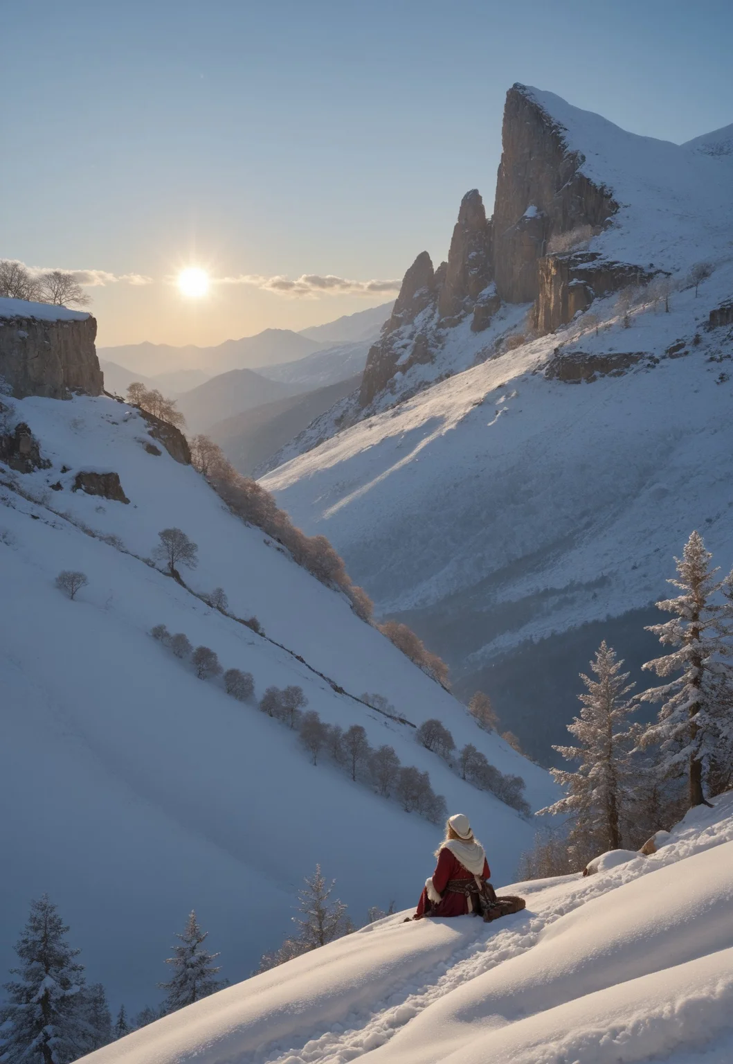 (ruins, broken, snow, dappled sunlight:1.2), sun, tree, forest, scenery, rock, reflection, ancient, overgrown, mountains, sunset, clouds, mountainous horizon, fantasy, medieval, 1other, looking away (masterpiece, exceptional, best aesthetic, best quality, masterpiece, extremely detailed:1.2), in the style of umempart
 (8k uhd:1,4)
 <lora:add-detail-xl:1>
 <lora:Dynamic Poses:1>