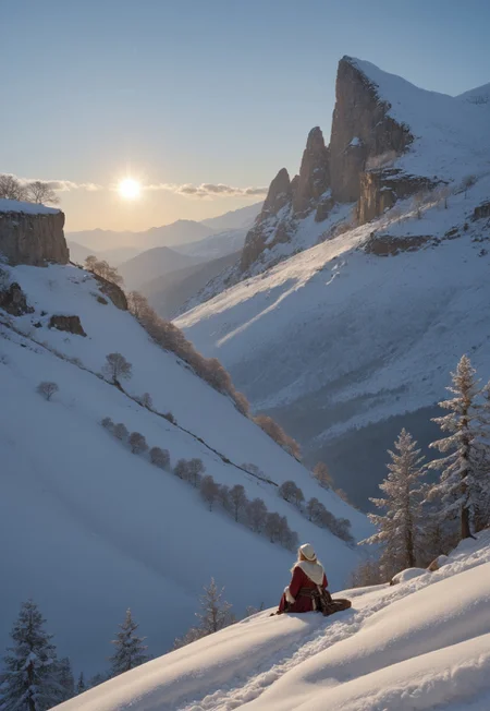 (ruins, broken, snow, dappled sunlight:1.2), sun, tree, forest, scenery, rock, reflection, ancient, overgrown, mountains, sunset, clouds, mountainous horizon, fantasy, medieval, 1other, looking away (masterpiece, exceptional, best aesthetic, best quality, masterpiece, extremely detailed:1.2), in the style of umempart
 (8k uhd:1,4)
 <lora:add-detail-xl:1>
 <lora:Dynamic Poses:1>