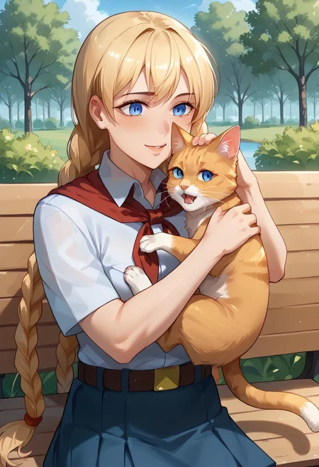score_9, score_8_up, score_7_up, score_6_up, score_5_up, score_4_up, detailed eyes, detailed skin, source_anime, source_anime, masterpeice, best quality, very aesthetic, absurdres, BREAK
<lora:Expressive_H:1>,<lora:Everlasting_Summer_Slavya_by_GraffMetal:0.8>, slavya, blonde hair, very long hair, long hair, twin braids, blue eyes, 1girl, medium breasts, shiny skin, BREAK, white collared shirt, short sleeves, red neckerchief, neckerchief, belt, blue skirt, BREAK, outdoors, park, bench, camp, summer camp, soviet summer camp,
<lora:Everlasting_Summer_Vanilla_Backgrounds_by_GraffMetal:0.7>, <lora:Everlasting_Summer_Vanilla_Art_Style_by_GraffMetal:0.7>, BREAK, sitting, cat, cat on lap, holding cat, cat on cap, petting cat, joy, happy,