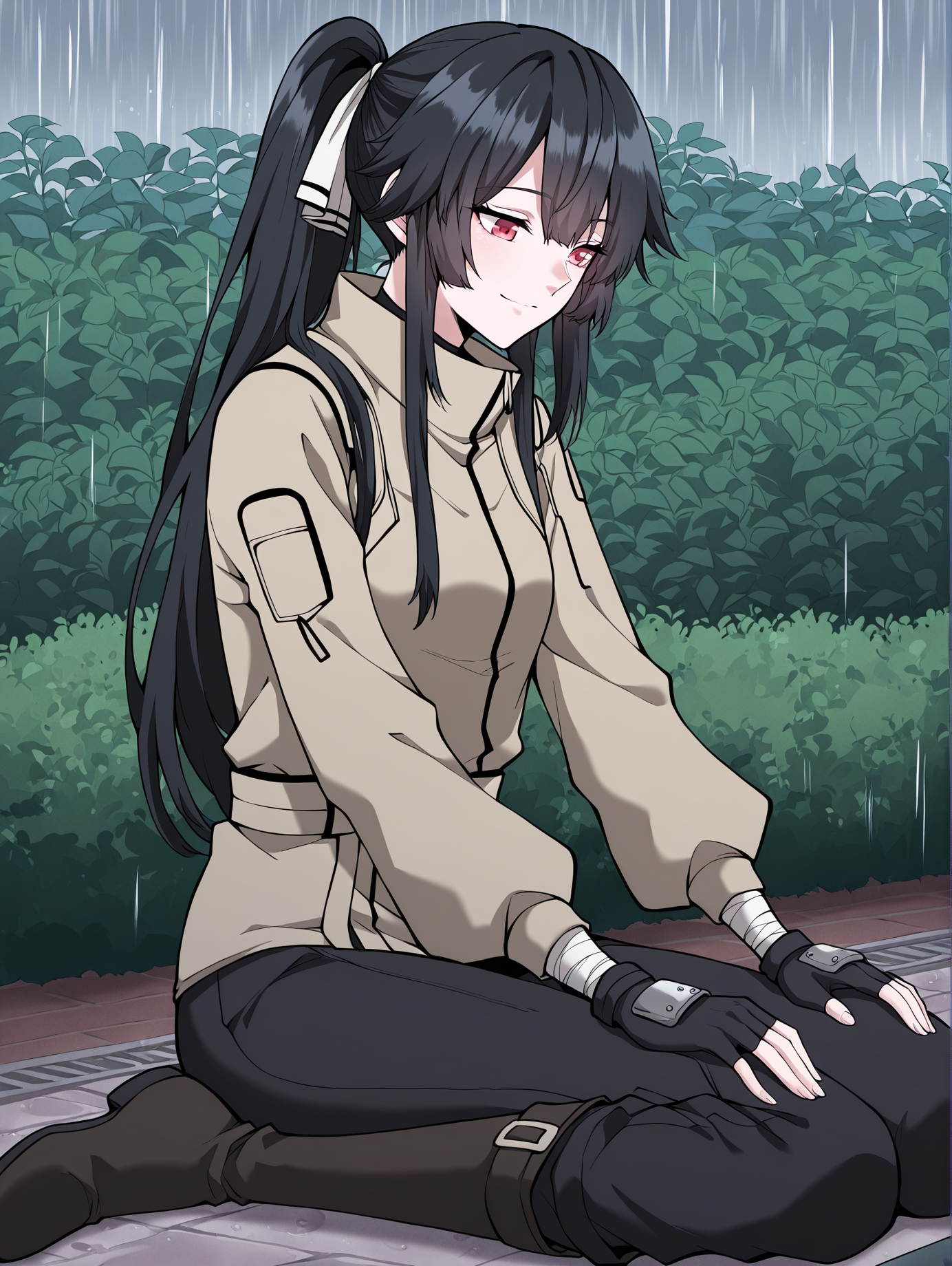<lora:Jasmine_Flamesworth__The_Beginning_After_the_End__Illustrious:1>
1 girls, solo, red eyes, black hair, long hair, ponytail, bangs, hair between eyes, sidelocks, small breasts
brown jacket, greeb ribbon, fingerless gloves, long sleeves, black pants, black boots, bandages
score_9, score_8_up, score_7_up, very aesthetic, source_anime, detailed, high quality, beautiful, detailed eyes, masterpiece, best quality, absurdres, perfect anatomy, 1girl, solo, wariza, sitting, hands on own knees, garden background, charming smile, rain,