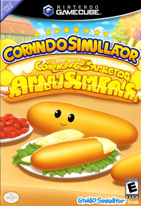 anime artwork <lora:GCNBoxArt:1> GCNBOXART, "corndog simulator", title, food_focus, no_humans, . anime style, key visual, vibrant, studio anime, highly detailed