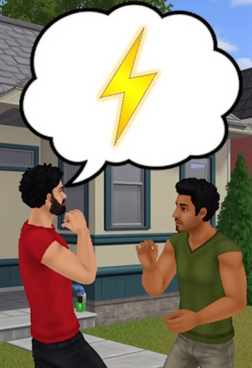 simsstyle, two men fighting outside. White Speech bubble with image of a yellow lightning bolt icon