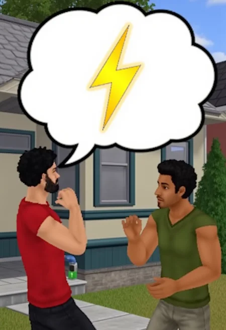 simsstyle, two men fighting outside. White Speech bubble with image of a yellow lightning bolt icon