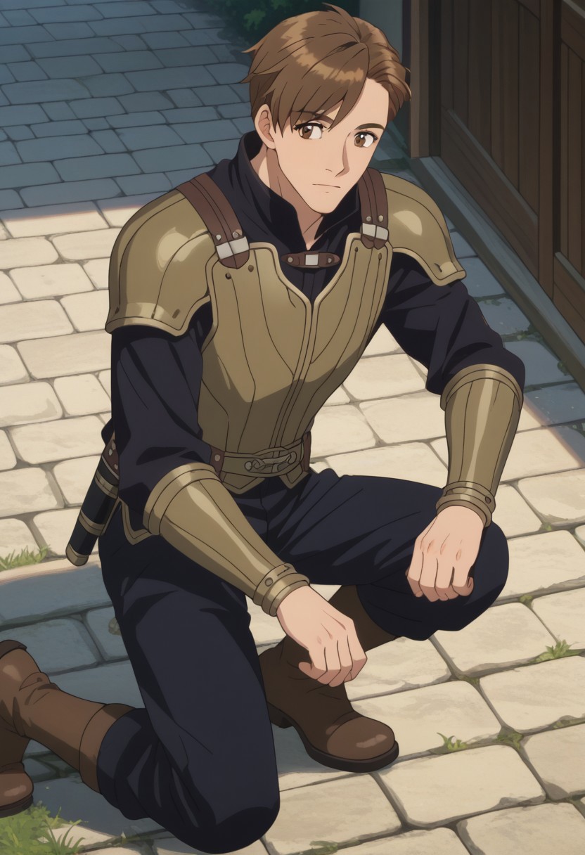score_9, score_8_up, score_7_up, source_anime, rating_safe, Ottook, 1boy, male focus, anime screencap, brown boots, light brown armor, light brown forearm-armor, light brown pauldron, dark blue pants,