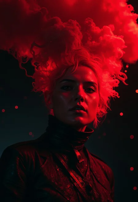 A hyperrealistic, cinematic close-up of an ethereal ghostly woman, wearing a high-collar military parka. Her face is pale and haunting, her eyes glowing faintly with supernatural energy. Her hair transitions into a ghostly translucent Red mane, floating upwards in a swirling, ethereal flow, as if made of spectral mist. The strands of her hair defy gravity, wafting like smoke towards the sky, adding a mystical aura around her. Thick, bold anime-style lines outline her figure, bringing vibrant energy to the eerie scene.
Small, illuminated circular lights float around her, amplifying her otherworldly presence. The deep blacks of the environment contrast starkly with the radiant white of her hair, while faint, glowing runes are etched into her parka, pulsing with dark, magical energy. The atmospheric haze intensifies the contrast between the dark, shadowy surroundings and the glowing elements on her figure. The scene feels charged with necromantic power, her ghostly essence on the verge of unleashing a burst of supernatural force. The raw emotion and power emanating from her create a striking, eerie visual in this sci-fi fantasy setting.