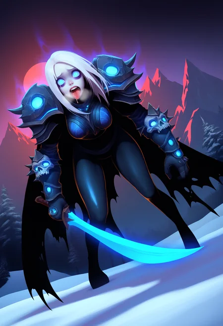 best quality, amazing quality, very aesthetic, absurdres,
BREAK
1girl,solo, death knight, armor, zombie, glowing eyes, blue aura, blue eyes, warcraft, pale skin, skull armor,f rost magic,
(runeblade:1.2), holding sword, glowing sword, white hair, long hair, looking at viewer,leggings,cape,pov,outdoors,glacier,tundra,snow,mountains,night,horror,
dark theme,black theme,muscular female, foreshortening, dutch angle, leaning forward, crazy, bags under eyes,close-up,drool,saliva,heavy breathing, <lora:KimHyungtaeNoobLocon_byKonan:1>