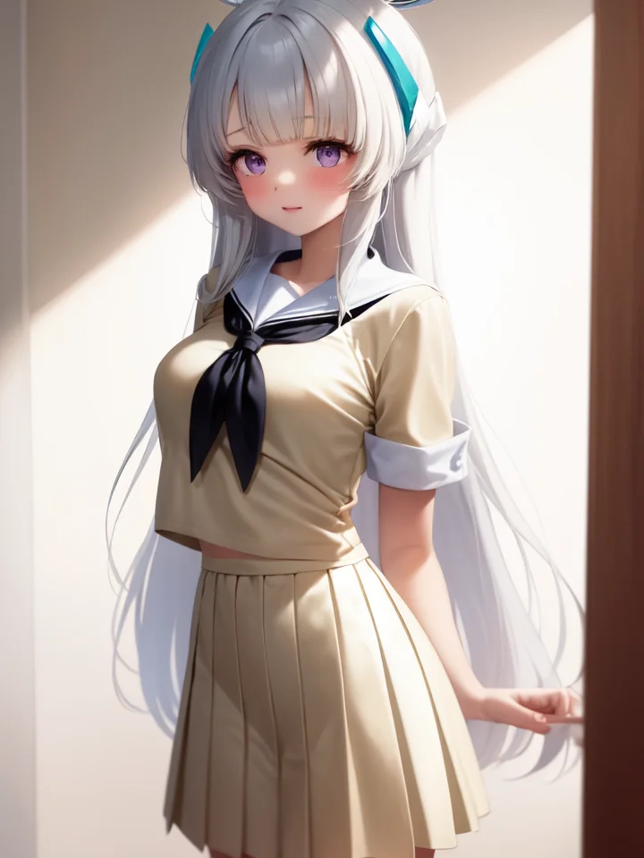 (beige serafuku:1.4), 1girl, solo, standing, (neckerchief:1.1), white hair, purple eyes, short sleeves, pleated skirt, (beige skirt:1.2), long skirt, indoors, very long hair, halo,