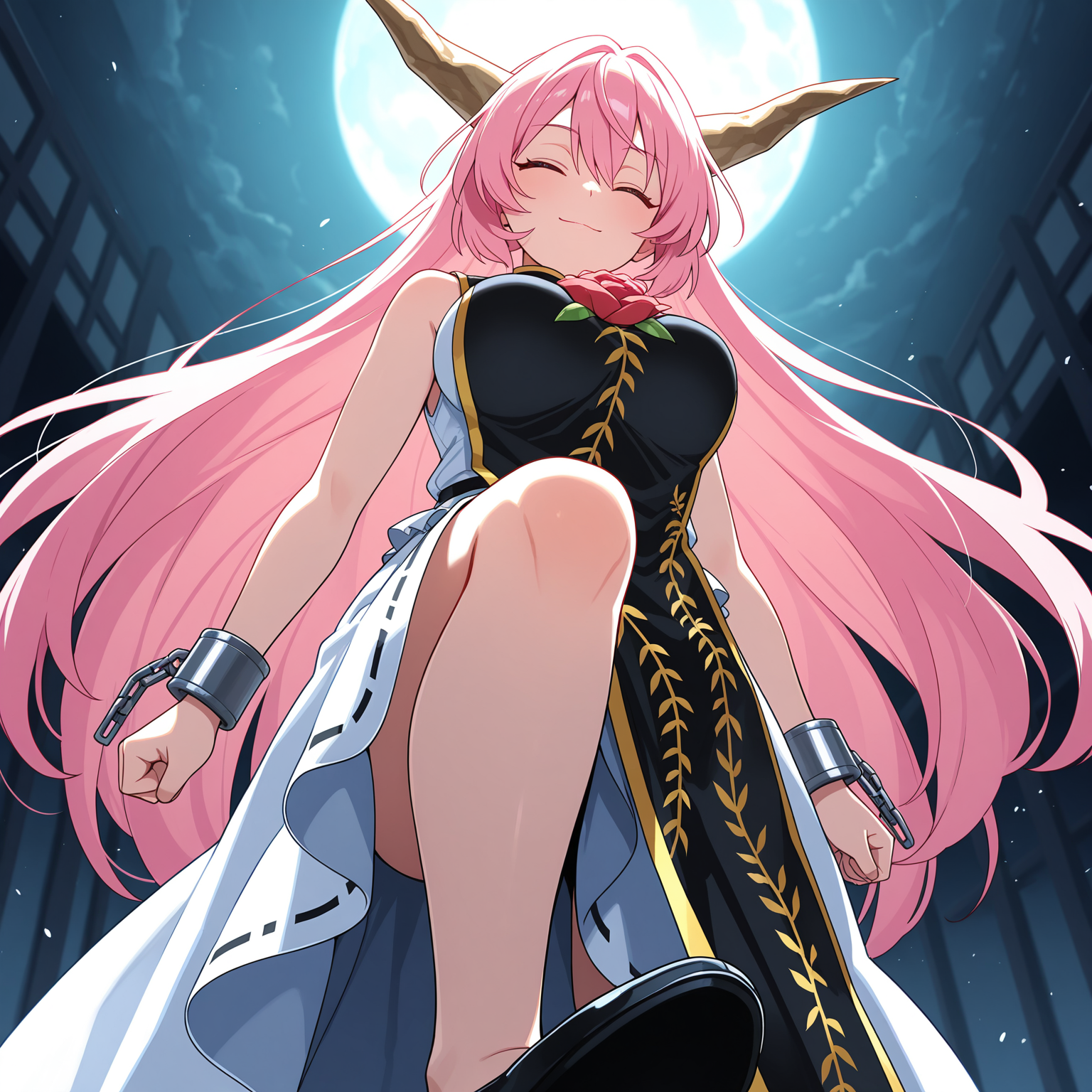 masterpiece, best quality, amazing quality, anime screencap, 1girl, solo, standing, cowboy shot, from below, stomping, closed eyes, light smile, ara ara, <lora:IbarakiDoujiTH:0.9>, IbarakiDoujiTH, pink hair, long hair, pink eyes, horns, large breasts, black tabard, rose, sleeveless white dress, bare shoulders, white skirt, long skirt, black shoes, cuffs,