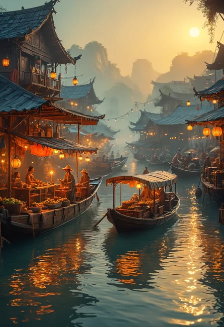 Floating market on Venus at dawn, masterpiece, fantasy, digital art, highly detailed, overall detail, atmospheric lighting, Awash in a haze of light leaks reminiscent of film photography,  awesome background, highly detailed styling,  studio photo, intricate details, highly detailed, cinematic,  <lora:MJ52:0.6>,