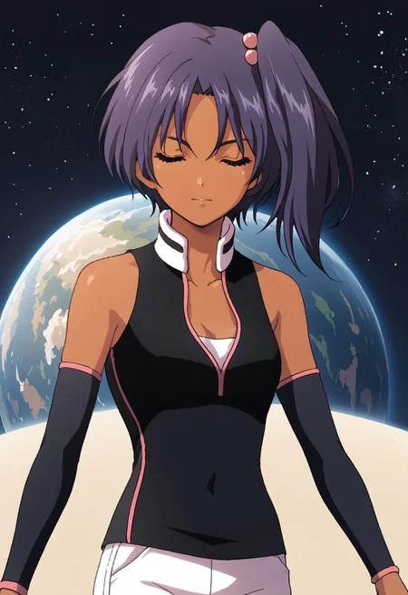 score_9, score_8_up, score_7_up, score_6_up, score_5_up, score_4_up, source_anime, rachel ransom, black detached sleeves, side ponytail, dark skin, closed eyes, purple hair, white short pants, ultra detailed, masterpiece, best quality, space, stars,