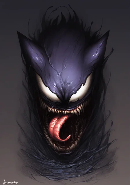 score_9, score_8_up, score_7_up, score_6_up, score_5_up, score_4_up, masterpiece, high quality, BREAK, full body, BREAK, 1girl, <lora:Venom_Symbiote_Marvel_PonyXL:1> venom_symbiote, black skin, tendrils, viscous, colored skin, <lora:Gengar_P1:0.6> gengar, highres, tongue, colored sclera, purple skin