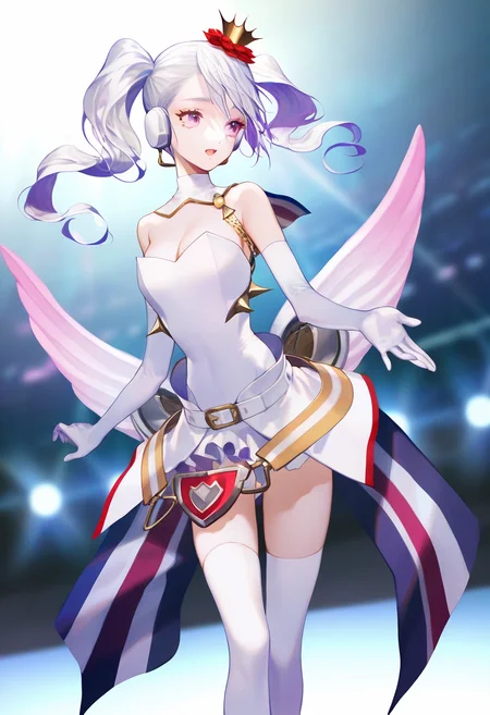 artist:gomzi,artist:wanke,artist:diyokama, rei_(sanbonzakura),[[artist:fuzichoco]],year 2023,
1girl, solo,
mu (caligula), gradient hair, pink eyes, asymmetrical twintails, mini crown, hair flower, behind-the-head headphones,
elbow gloves, white gloves, strapless leotard, white leotard, white capelet, multicolored ribbon, low wings, gradient wings, white skirt, object in clothes, detached collar, belt, cleavage,
white thighhighs, 
 concert, 
 <lora:tce-mu.ilxl:1>