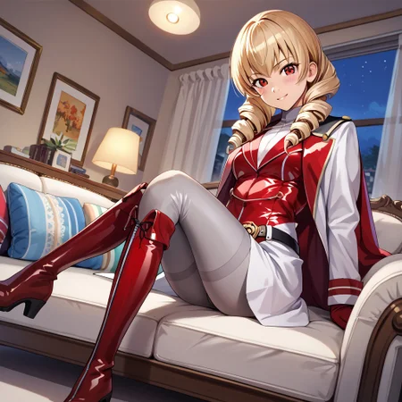 masterpiece, best quality, score_9, score_8_up, score_7_up, full body, 1 girl, looking at viewer, cowboy shot, dutch angle, indoors, sitting on couch, living room, night, blush, smile, erika_wagner, aged_down, slim, blonde_hair, red_eyes, drill_hair, twin_drills, red latex cape, latex military_uniform, belt, white latex coat, grey latex pantyhose, red thigh high latex boots, flat boots, red latex gloves