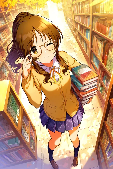 masterpiece,best quality,very aesthetic,absurdres,highres,newest,official art,official style,
1girl,solo,
takamori aiko,brown eyes,brown hair,long hair,
glasses,one eye closed,school uniform,
<lora:eye_focus:1>,eye_focus,
outdoors,library,bookshelf,book stack,
smile,standing,full body,
<lora:idolmaster_takamori_aiko_ill_v1.0:1>,