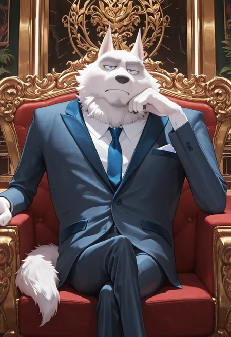 masterpiece, best quality, amazing quality, very aesthetic, absurdres, newest, high quality, detailed, male, solo male, JimmyCrystal, 1boy, mature male, male, athletic build, anthro, wolf, blue eyes, broad shoulders, white fur, grey eyebrows, animal ears, navy blue suit jacket, white shirt, blue tie, indoors, half lidded eyes, personal theater, sitting, legs crossed, pecs, thick thighs, resting head on hand, looking at viewer, unimpressed expression