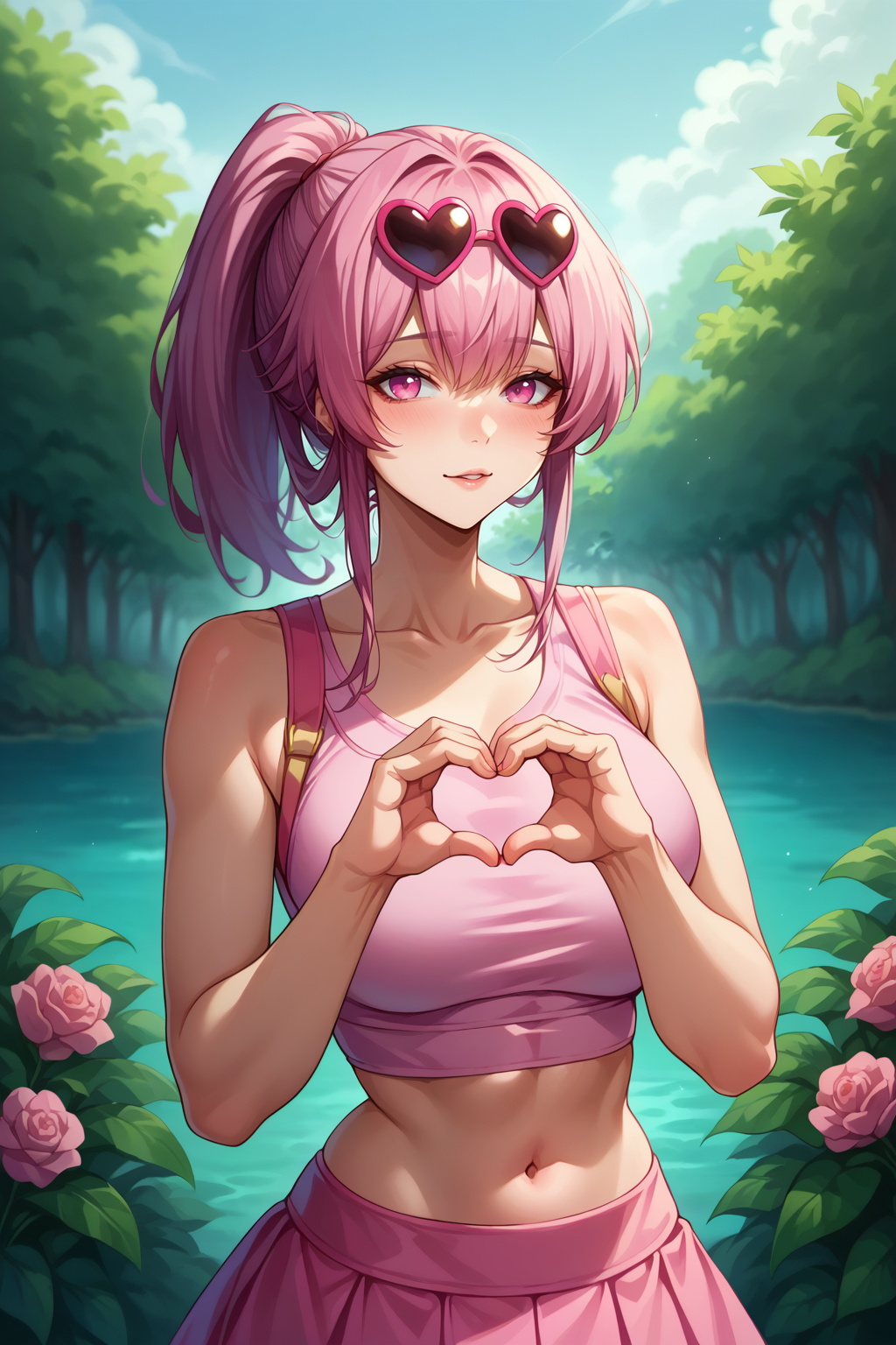 score_9, score_8_up, score_7 BREAK solo, 1girl <lora:NSKafkaHSR:1> NSKafkaMisc, long hair, bangs, sidelocks, ponytail, eyewear on head, sunglasses, heart_hands, heart-shaped eyewear, pink crop-top, navel, pink skirt, outdoors