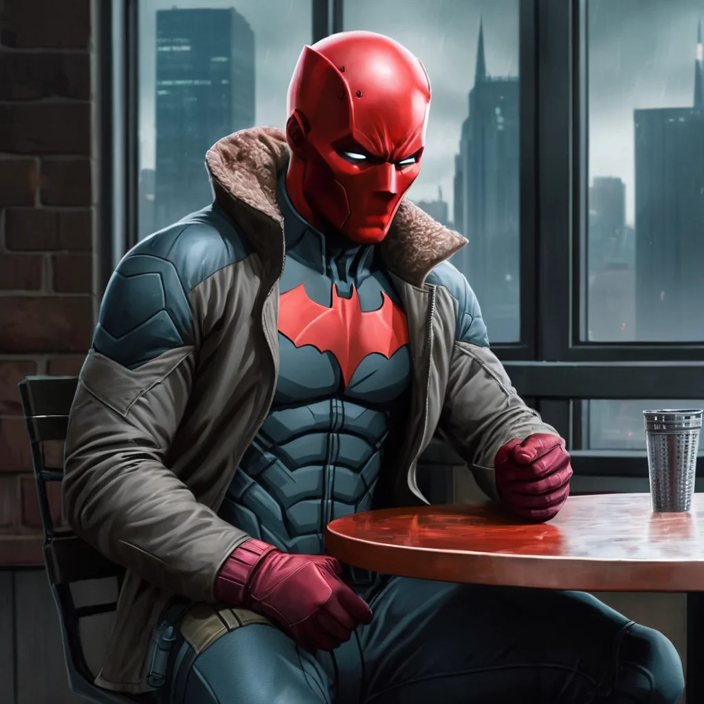 Hyperrealistic art of <lora:Red Hood:1.2>
Red Hood a man in a red mask sitting on a table in Gotham city universe, Extremely high-resolution details, photographic, realism pushed to extreme, fine texture, incredibly lifelike