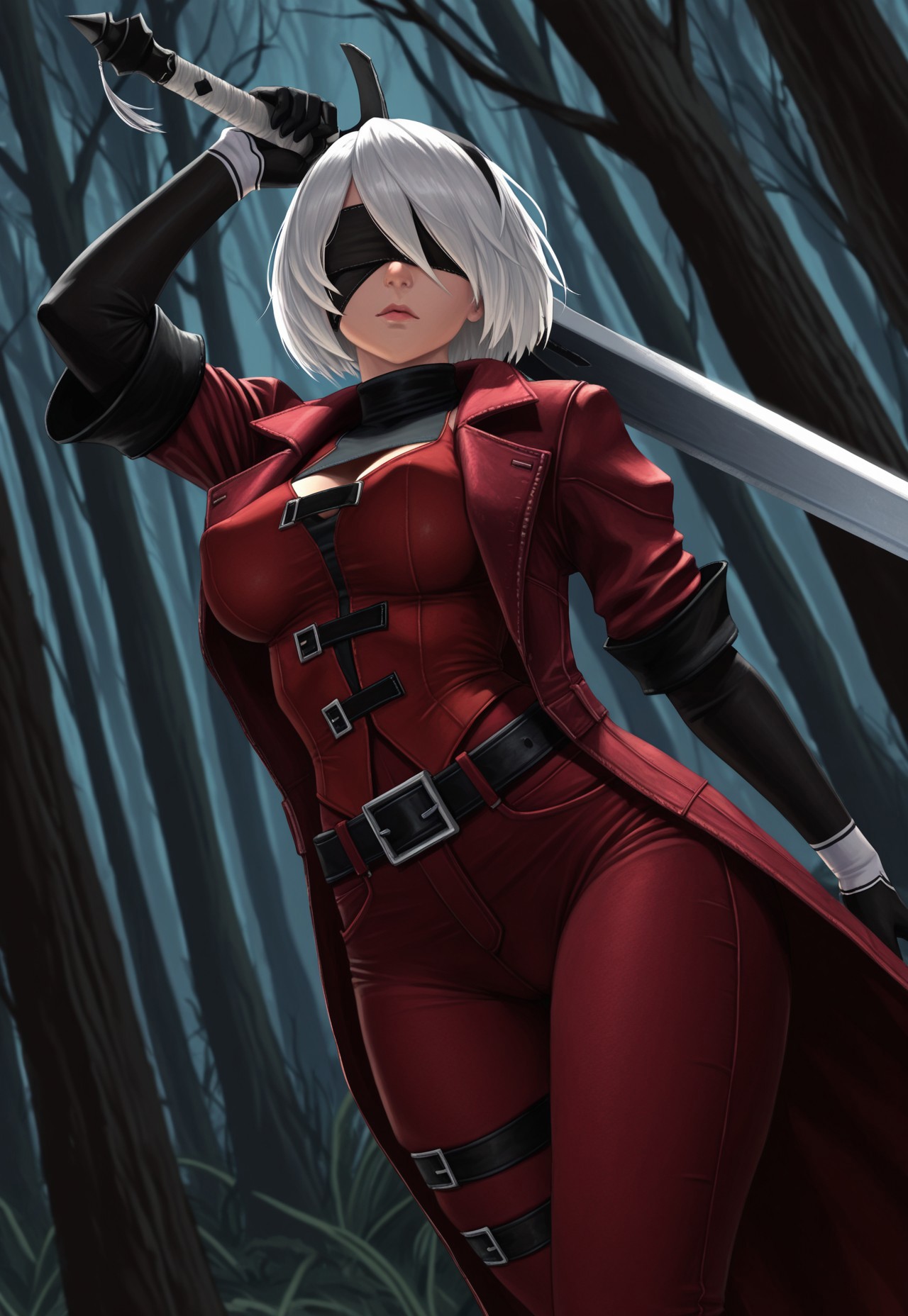 masterpiece, high quality, dynamic angle, 1girl, yorha-2b, solo, white hair, blind fold, dmc1fit, red trenchcoat, red vest, chest straps, black turtleneck, black sleeves, perky breasts, black gloves, red pants, belt, holding sparda sword, action pose, dynamic pose, forest, cinematic lighting