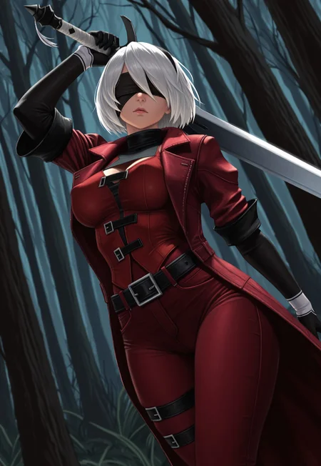masterpiece, high quality, dynamic angle, 1girl, yorha-2b, solo, white hair, blind fold, dmc1fit, red trenchcoat, red vest, chest straps, black turtleneck, black sleeves, perky breasts, black gloves, red pants, belt, holding sparda sword, action pose, dynamic pose, forest, cinematic lighting
