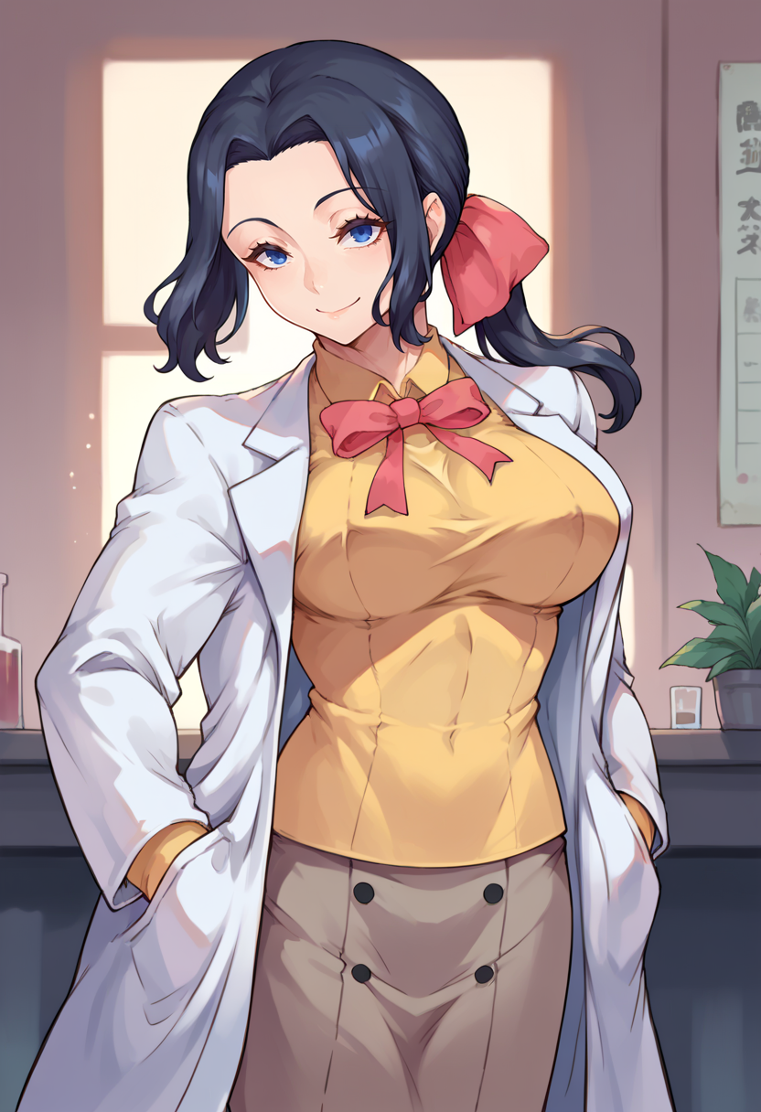 score_9, score_8_up, score_7_up, source_anime, BREAK, 1girl, smile, looking at viewer,  <lora:Mari-pdxl_Fp:1>, maridesu, black hair, blue eyes, ponytail, hair ribbon, collared shirt, yellow shirt, ribbon, lab coat, skirt, large breasts, hand in pocket,
