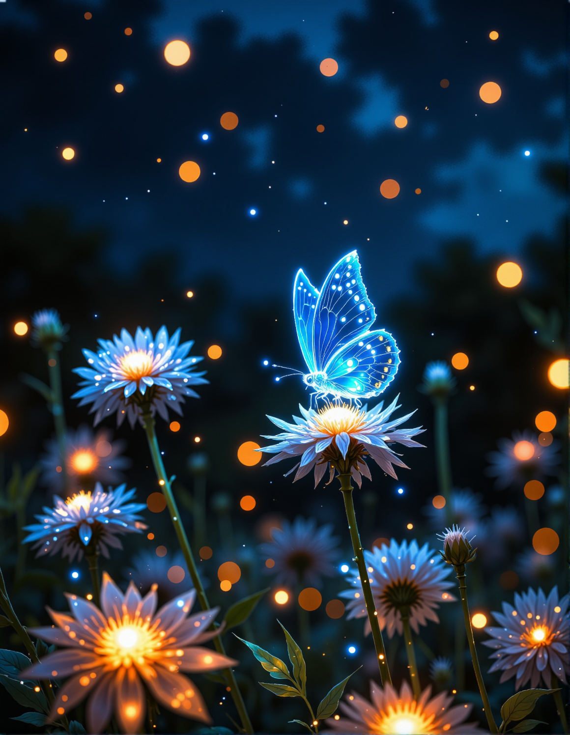 dreamy, magical photograph with a bokeh effect. Picture a transparent butterfly with glowing outlines and spots on its wings, perched on dandelion-like flowers that are also illuminated with a soft glow. The butterfly's wings are delicately veined and seem to be made of glass or crystal. The flowers have fluffy, white seed heads and thin stems. The background is a blurred dark blue night sky, filled with soft, out-of-focus golden lights, creating a bokeh effect. The lighting is soft, warm, and magical, making the butterfly and flowers appear to be gently glowing in the dark, <lora:Vibrantly_sharp_style_v.2:0.8>, <lora:Cozy_Paradise:0.7>, <lora:FluxMythR3alisticF:0.6>