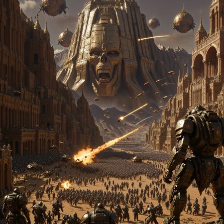 ancientstyle, spacebattle, UHD 32k fantasy battle movie still, photograph, battle between heavily armored Warhammer 40K Orks and futuristic humans invading in space ships, chaos of battle surrounding them, fighting in the streets, intricately detailed ancient city background, cinematic realism, cinematic lighting, high action pose, intricately detailed place, film grain, HD, 8k, photorealistic, epic scale, intricate design, photorealistic, hyperrealistic, high definition, extremely detailed, cinematic, UHD, HDR, 32k, ultra hd, realistic, vivid colors, highly detailed, perfect composition, beautiful detailed intricate insanely detailed octane render, trending on artstation, artistic photography, concept art, soft natural volumetric cinematic perfect light, Macro photography, close-up, hyper detailed
