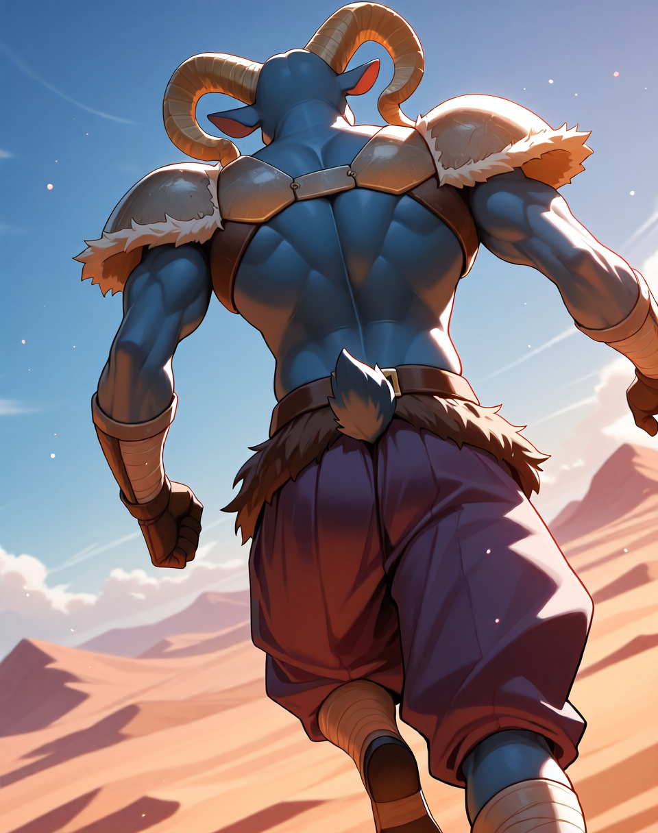 <lora:Moro_2nd_Form_(Dragonball_Z)_(Illustrious)_(AD):1.3> Moro, muscular, goat,
dutch angle, exterior, desert, sky with detailed clouds,
male focus, gradient coloring, solo, cowboy shot, bent leg, perfect proportions, goat head, blue body, soft shading, evil smirk, old, wrinkles, white beard, back view, butt, brown fur pauldrons, brown fur waist, , 
BREAK very awe, aesthetically pleasing, masterpiece, best quality, amazing quality, very aesthetic, perfect depth of field shot, in'ei, furry_art, source_furry, source_anime,
EZRealPONYXL, zPDXL, Smooth Quality, lazympos, IllustQualXL_Pos,
