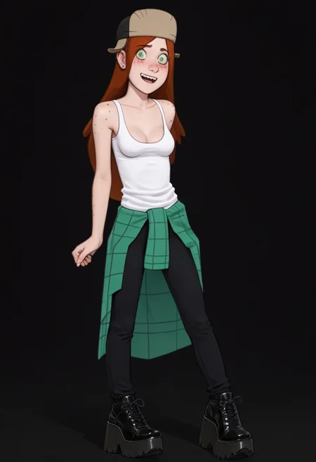 score_9, score_8_up, score_7_up, (ultra HD quality details),
dark background,
standing, posing for photo, looking at viewer,
1girl, Wendy, medium breasts,
purple eyes, cute nose,
long red hair, hat,
green eyes, white sclera,
freckles,
long thin legs,
white tank top, jewelry, sweater around waist, black pants,
black platform shoes,
blushing, nervous,