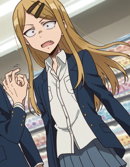 score_9, score_8_up, score_7_up, source_anime, <lora:saya-endou-s2-ponyxl-lora-nochekaiser:1>, saya endou, long hair, blonde hair, hair ornament, brown eyes, hairclip, fang, wide-eyed, constricted pupils, sanpaku,, skirt, shirt, hair ornament, school uniform, jacket, pleated skirt, socks, blazer,, music store, browsing records, headphones, vinyl collection, nostalgic, , looking at viewer, hand shaking hands, solo,, cowboy shot, dutch angle