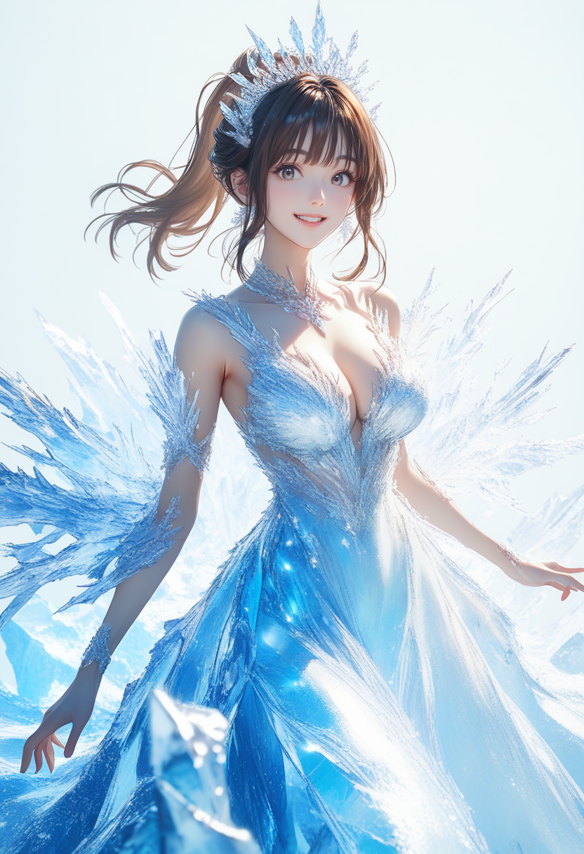 score_9, score_8_up, score_7_up, source_anime, perfect anatomy, ((outlined outlined vector graphics)), , ,cute face,simple background,
1girl,ice dress,gree ice dress, white background,20yo, brown hair, gray eyes, (large breast:1), (ponytail:1.1), medium hair,(curvy:1.1),bangs ,ice tiara, cowboy shot, smile beam, clothes,glittering , grimmering, glowing <lora:ice-ress-01:1.1>