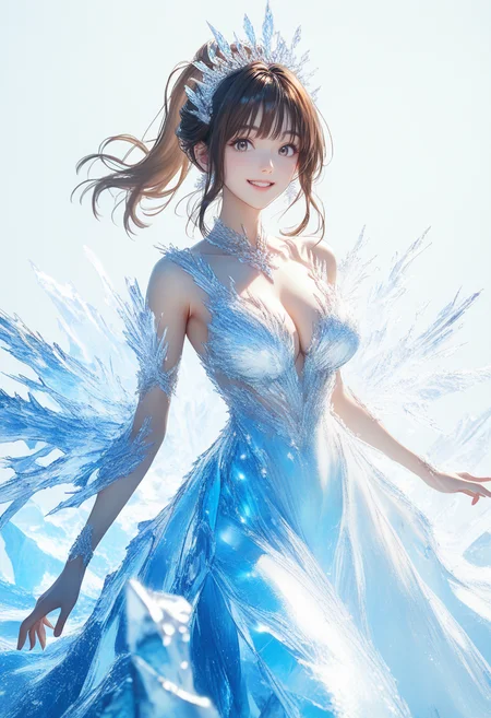 score_9, score_8_up, score_7_up, source_anime, perfect anatomy, ((outlined outlined vector graphics)), , ,cute face,simple background,
1girl,ice dress,gree ice dress, white background,20yo, brown hair, gray eyes, (large breast:1), (ponytail:1.1), medium hair,(curvy:1.1),bangs ,ice tiara, cowboy shot, smile beam, clothes,glittering , grimmering, glowing <lora:ice-ress-01:1.1>