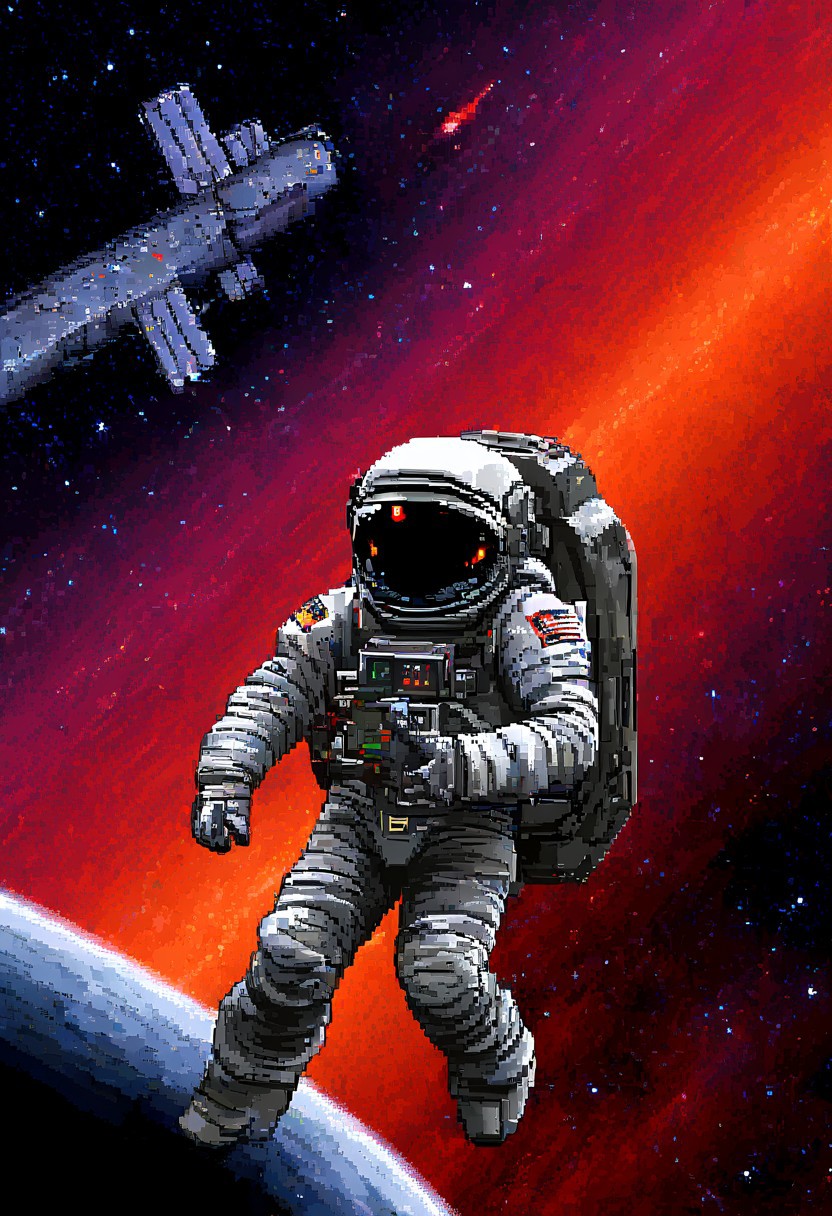 w1ngc0mmander, pixel art,
A determined astronaut in a sleek spacesuit floats near a massive space station orbiting a colorful nebula. Starry background, futuristic technology, helmet reflection, extreme close-up, portrait.