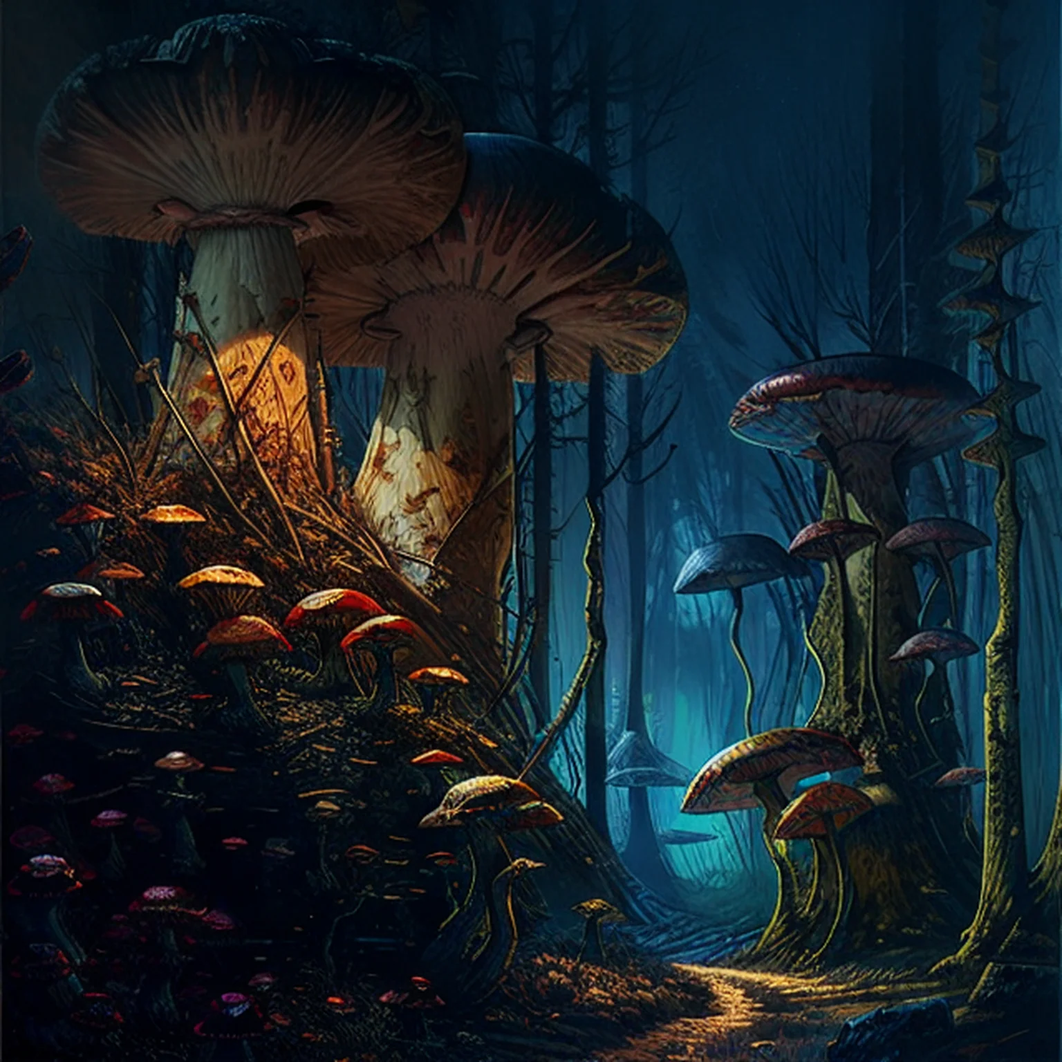 <lora:CosmicLandscapes:0.8>, CosmicLandscapes, ((retro)), ((a painting of giant mushrooms)), (((mysterious))), ((colorful)), ((large mushrooms)), ((thin atmosphere)), ((alien plants)), ((stone face)), chiaroscuro, beautifully lit, cinematic lighting, dramatic lighting, natural lighting, naturalism, ((golden ratio)), detailed, 8K, by Bruce Pennington, Danny Flynn <lora:theovercomer8sContrastFix_sd15:0.6>, by alexi zaitsev, by Antoine Blanchard, by Brent Heighton, by Jeremy Mann