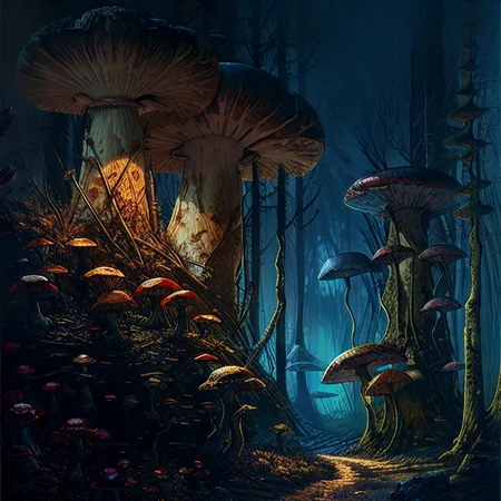 <lora:CosmicLandscapes:0.8>, CosmicLandscapes, ((retro)), ((a painting of giant mushrooms)), (((mysterious))), ((colorful)), ((large mushrooms)), ((thin atmosphere)), ((alien plants)), ((stone face)), chiaroscuro, beautifully lit, cinematic lighting, dramatic lighting, natural lighting, naturalism, ((golden ratio)), detailed, 8K, by Bruce Pennington, Danny Flynn <lora:theovercomer8sContrastFix_sd15:0.6>, by alexi zaitsev, by Antoine Blanchard, by Brent Heighton, by Jeremy Mann