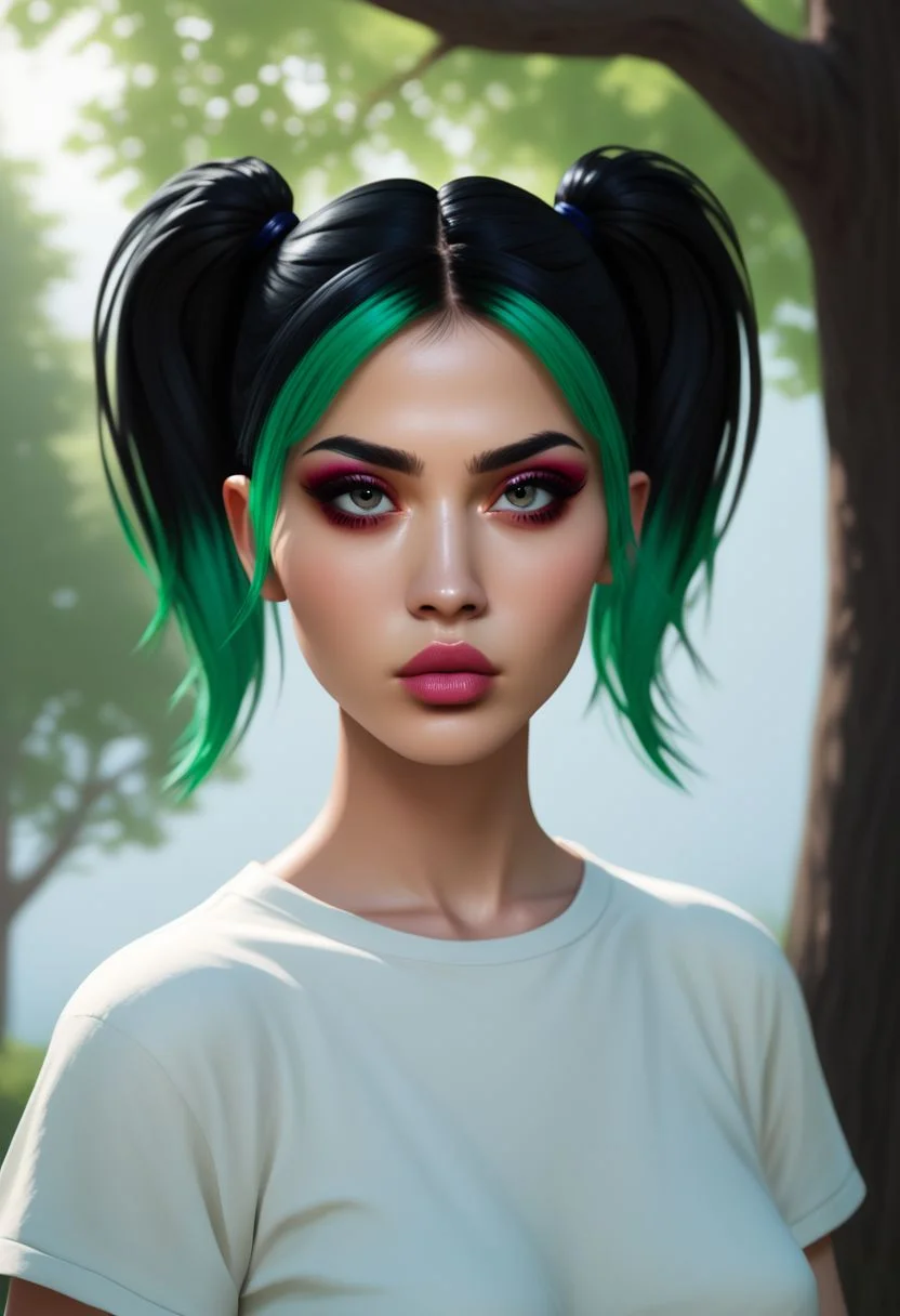 vpzdxizz, 1girl, solo, twintails, tree, multicolored hair, realistic, blue hair, dyed bangs, green hair, makeup, natural lighting, outdoors, lips, upper body, shirt, short twintails, sky, day, two-tone hair, black hair, PonyXLV6_Scores zPDXL