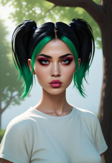 vpzdxizz, 1girl, solo, twintails, tree, multicolored hair, realistic, blue hair, dyed bangs, green hair, makeup, natural lighting, outdoors, lips, upper body, shirt, short twintails, sky, day, two-tone hair, black hair, PonyXLV6_Scores zPDXL