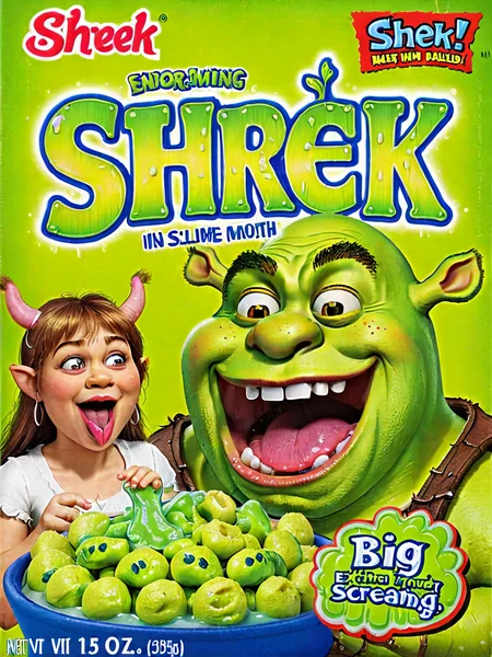 ((Shrek)) <lora:cereal_box_sdxl_v1:0.8>, slime in mouth, oozing, big tongue, frightened screaming, extremely detailed