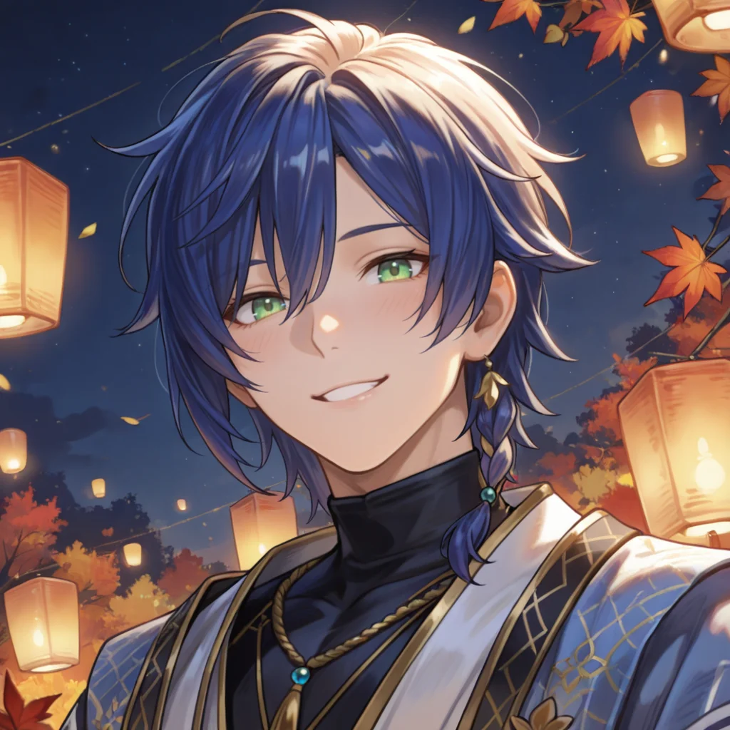 (masterpiece, best_quality, ultra_detailed, hyperrealistic, cinematic lighting, glowing lanterns, joyful atmosphere, soft focus, warm golden glow, stunning facial details, hair gently tousled, autumn leaves drifting, rich background depth, painterly portrait, timeless beauty, soft_blurred_edges, luminous skin, expressive features)
Setting: A bustling night festival, paper lanterns floating high above, their golden glow reflecting in his green eyes. Cherry blossoms and red maple leaves drift in the wind, the air thick with the scent of incense and sweet sake.
Pose & Action: Delos stands beneath the lanterns, mid-laugh, his head slightly tilted back, shoulders shaking softly from whatever amused him in the moment. His hands are raised slightly, adjusting his flowing silk robe, a glimpse of gold embroidery catching the firelight.
Expression: His laughter is genuine, fleeting, his eyes crinkled with warmth, his lips curved in the most radiant, unguarded smileâa rare moment of joy captured forever.
Angle: A natural, candid close-up, slightly tilted angle, making it feel intimate, as if the viewer caught him in a private, beautiful moment.
ð¥ Tags: noctilucent_delos, 1boy, male_focus, blue_hair, single_braid, green_eyes, black_turtleneck, gold_embroidery, blue_and_white_robe, open_sleeves, braided_gold_accents, decorative_sashfestival_night, glowing_paper_lanterns, laughing_expression, engaging_smile, warm_autumn_lighting, joyous_moment, golden_aura, expressive_face, cinematic_portrait, detailed_skin, rich_festival_background, celebratory_feeling.
<lora:Style_4k-data_lora_webui:0.5>, <lora:NoNameStyleVPRED10:0.4> nonamestyle <lora:Noctilucent_Delos:0.8>