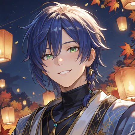 (masterpiece, best_quality, ultra_detailed, hyperrealistic, cinematic lighting, glowing lanterns, joyful atmosphere, soft focus, warm golden glow, stunning facial details, hair gently tousled, autumn leaves drifting, rich background depth, painterly portrait, timeless beauty, soft_blurred_edges, luminous skin, expressive features)
Setting: A bustling night festival, paper lanterns floating high above, their golden glow reflecting in his green eyes. Cherry blossoms and red maple leaves drift in the wind, the air thick with the scent of incense and sweet sake.
Pose & Action: Delos stands beneath the lanterns, mid-laugh, his head slightly tilted back, shoulders shaking softly from whatever amused him in the moment. His hands are raised slightly, adjusting his flowing silk robe, a glimpse of gold embroidery catching the firelight.
Expression: His laughter is genuine, fleeting, his eyes crinkled with warmth, his lips curved in the most radiant, unguarded smileâa rare moment of joy captured forever.
Angle: A natural, candid close-up, slightly tilted angle, making it feel intimate, as if the viewer caught him in a private, beautiful moment.
ð¥ Tags: noctilucent_delos, 1boy, male_focus, blue_hair, single_braid, green_eyes, black_turtleneck, gold_embroidery, blue_and_white_robe, open_sleeves, braided_gold_accents, decorative_sashfestival_night, glowing_paper_lanterns, laughing_expression, engaging_smile, warm_autumn_lighting, joyous_moment, golden_aura, expressive_face, cinematic_portrait, detailed_skin, rich_festival_background, celebratory_feeling.
<lora:Style_4k-data_lora_webui:0.5>, <lora:NoNameStyleVPRED10:0.4> nonamestyle <lora:Noctilucent_Delos:0.8>