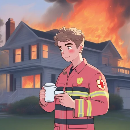 masterpiece,highres,best quality,best aesthetic, intriguing details, aaSKTm1n1,solo,1boy, blush,short hair,drinking coffee, fireman uniform, standing in front of a house on fire,outdoor,firetruck, texting, emoji, speech bubble, phone, perfect hand,