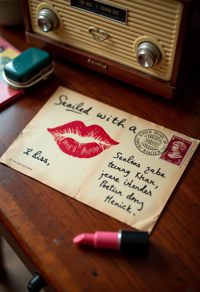 1950, “Sealed with a Kiss” on a postcard above a wooden writing desk, lipstick hickey, vintage radio, aidmaTextImprover,